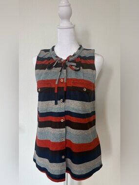 Democracy Striped Sleeveless Blouse Small Tie Neck Button Front Top